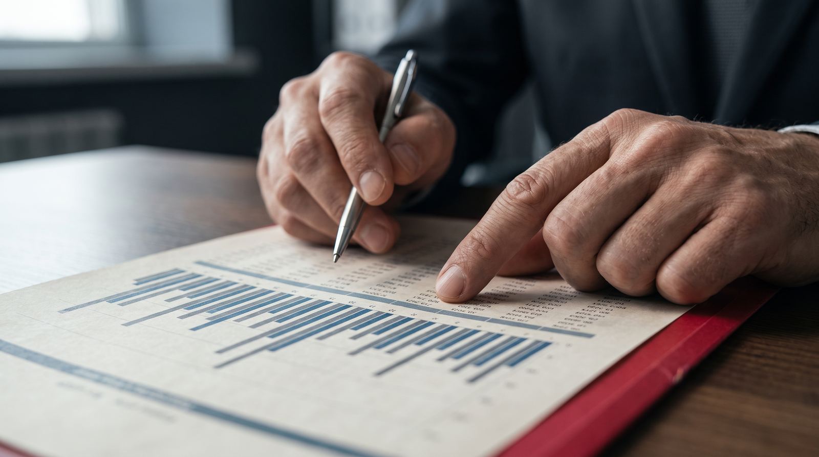 Manos revisando un estado financiero impreso sobre un escritorio, con un acento rojo puntual de iluminación